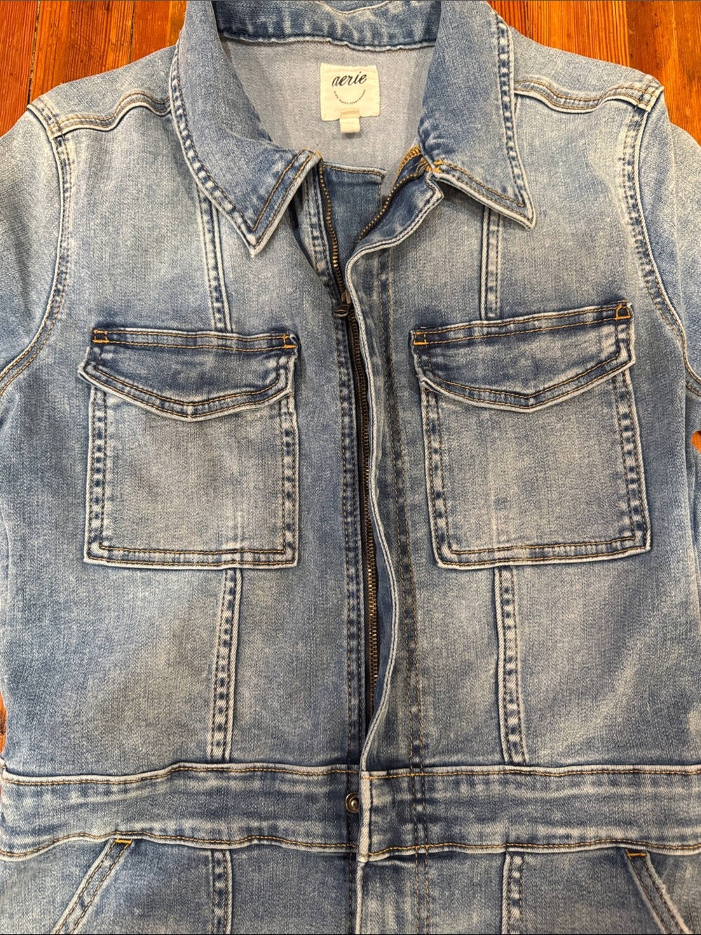 aerie Washed Blue Denim Short Sleeve Utility Jumpsuit - Picture 2 of 4